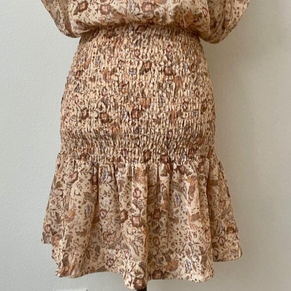 OLIVACEOUS DRESS FLORAL METALLIC DETAIL RUCHED TIERED SMOCKED SZ M FAIRY CORE - Picture 14 of 16